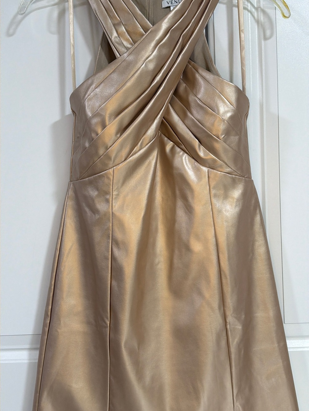 Venus Metallic Gold Faux Leather Halter Mini Dress – Size 8P